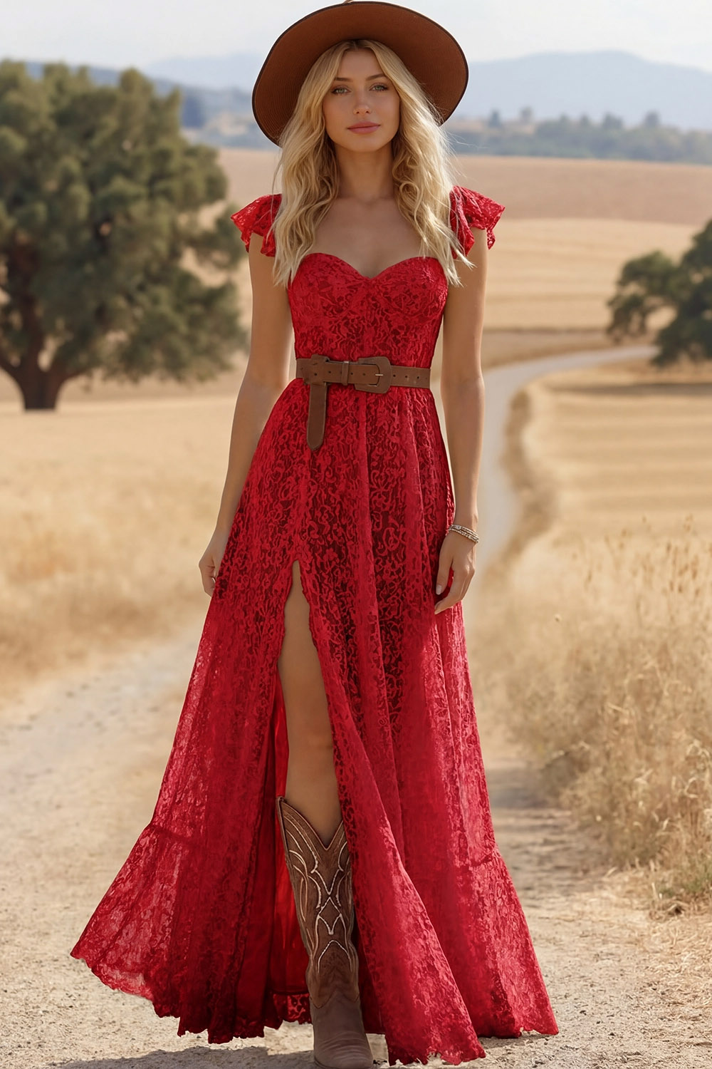 White Lace Corset A Line Long Boho Western Wedding Dress with Slit