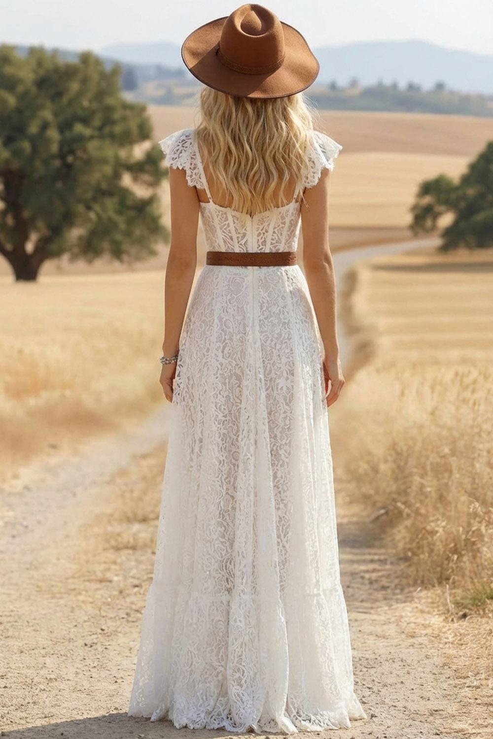 White Lace Corset A Line Long Boho Western Wedding Dress with Slit