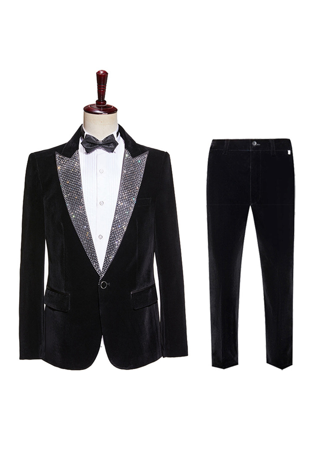 Black 2-piece Sparkly Peaked Lapel Velvet Men's Prom Suits