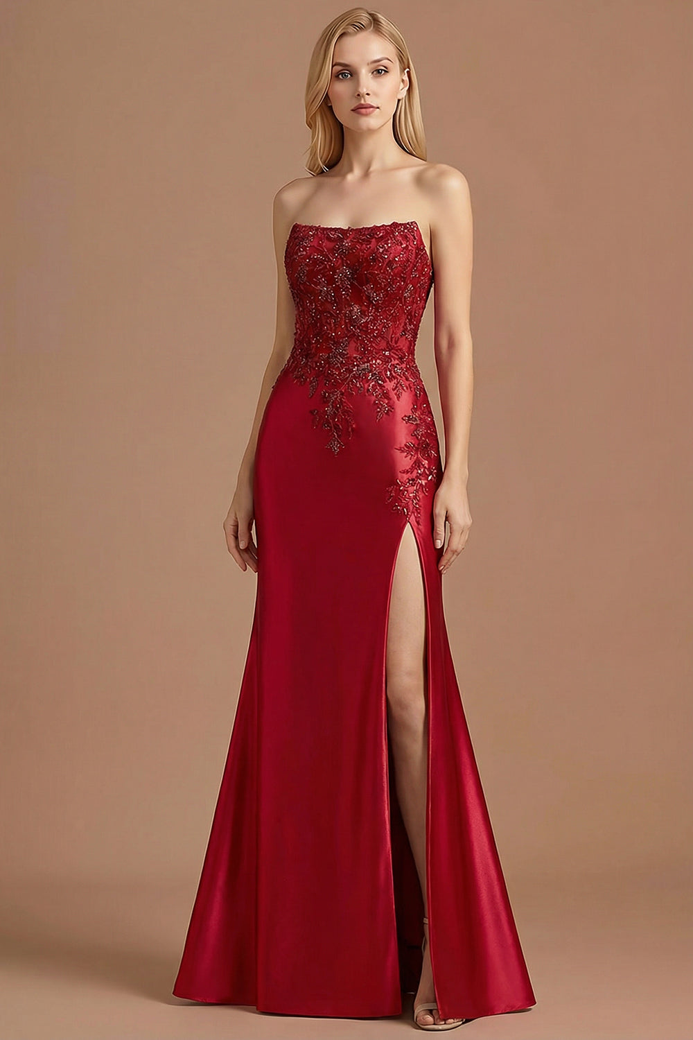 Burgundy Mermaid Strapless Appliqued Long Prom Dress with Slit