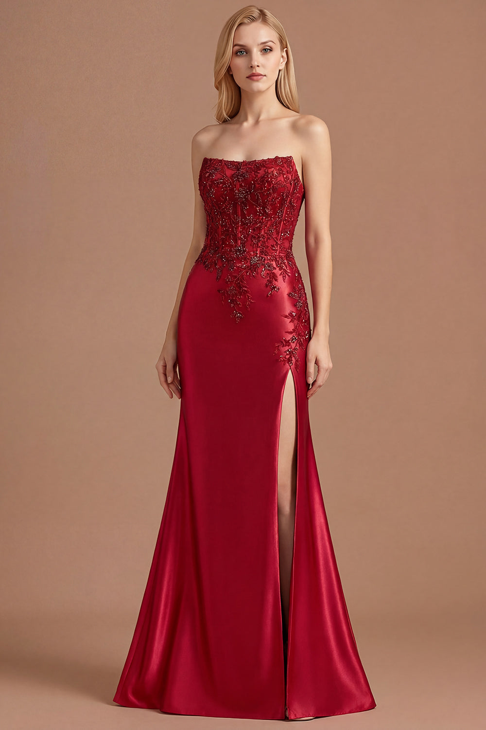 Sparkly Burgundy Mermaid Satin Corset Beaded Long Prom Dress with Slit