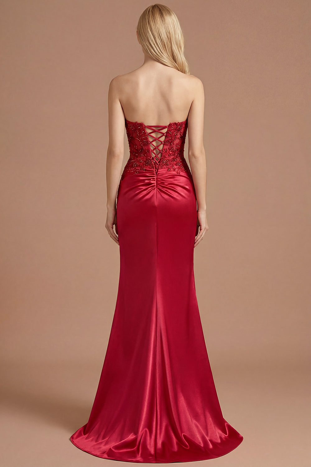Sparkly Burgundy Mermaid Satin Corset Beaded Long Prom Dress with Slit