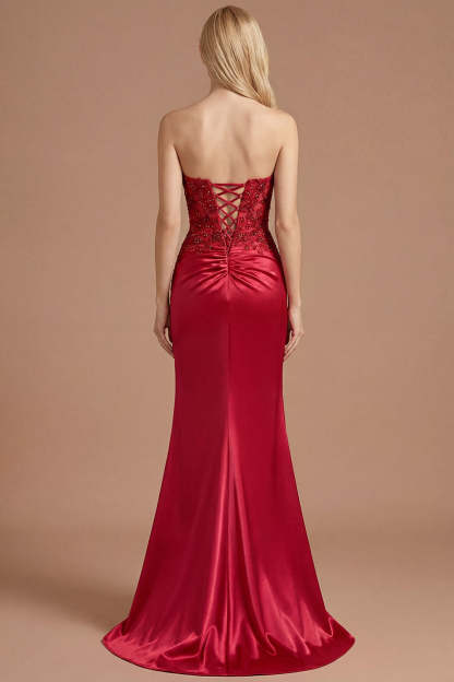 Sparkly Burgundy Mermaid Satin Corset Beaded Long Prom Dress with Slit