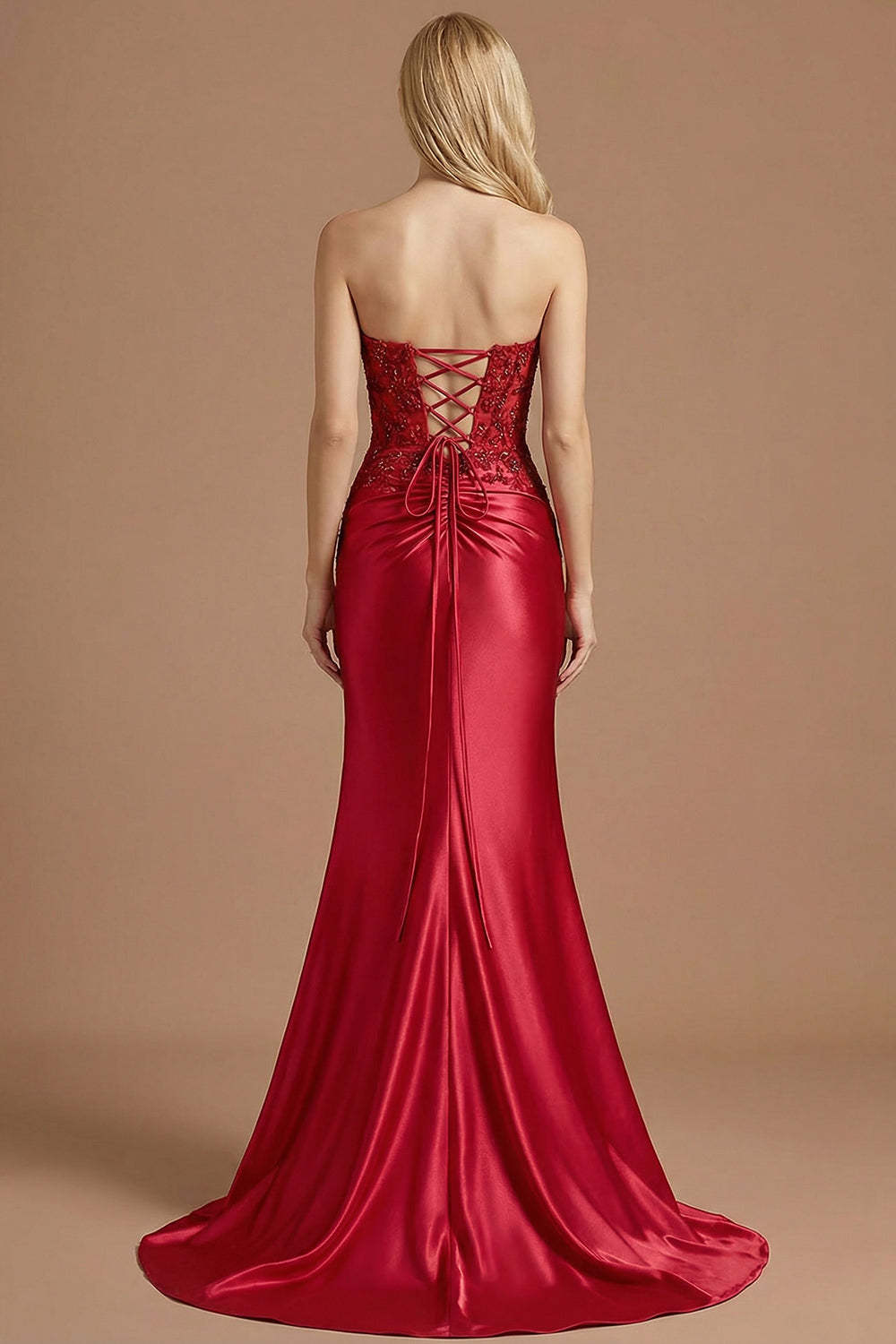 Burgundy Mermaid Strapless Appliqued Long Prom Dress with Slit