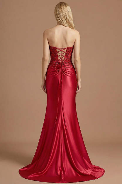 Burgundy Mermaid Strapless Appliqued Long Prom Dress with Slit