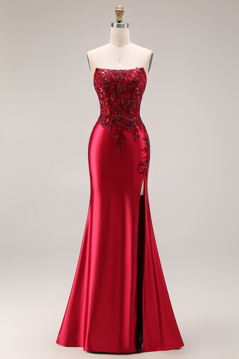 Burgundy Mermaid Strapless Appliqued Long Prom Dress with Slit