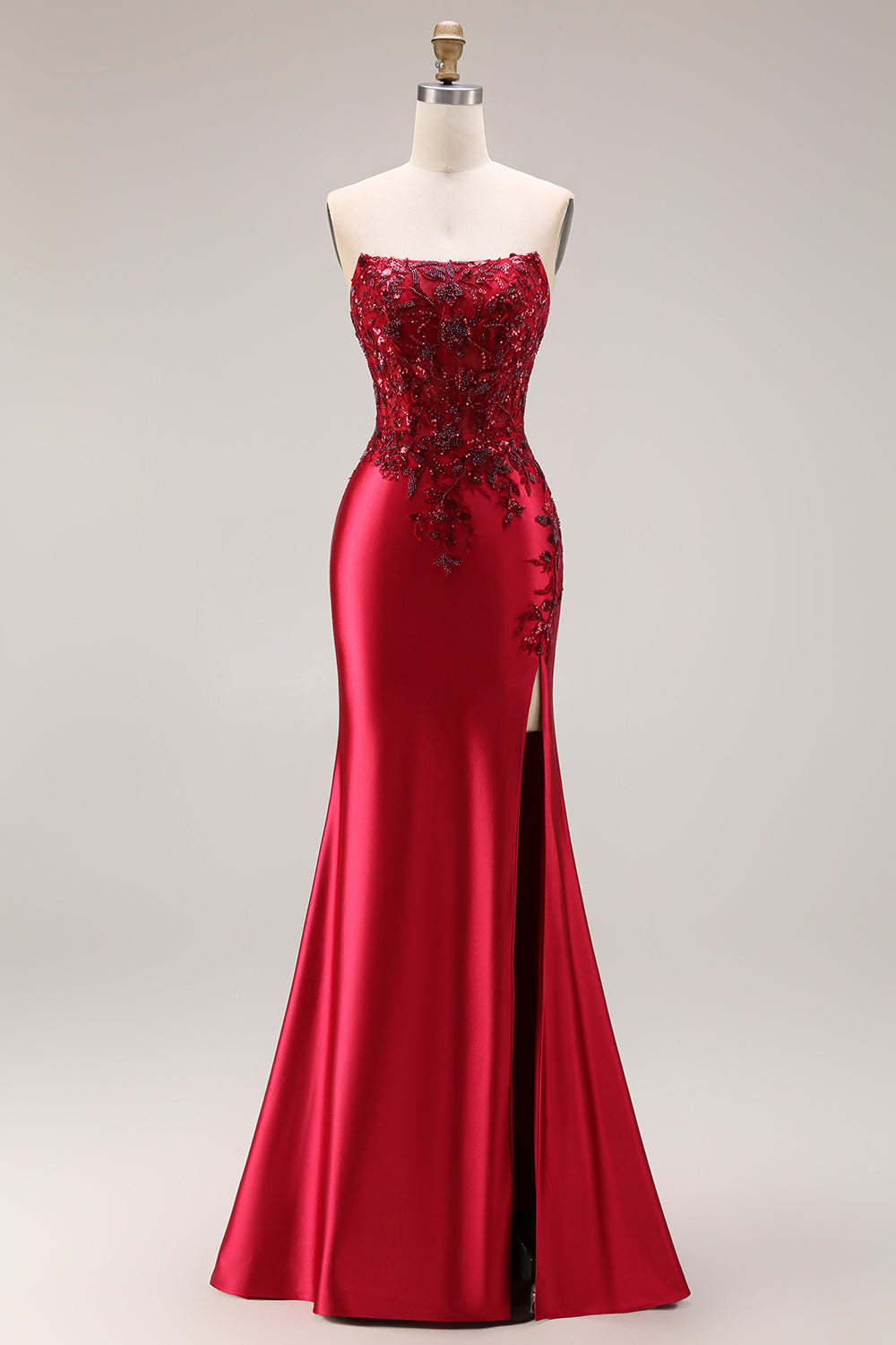 Burgundy Mermaid Strapless Appliqued Long Prom Dress with Slit