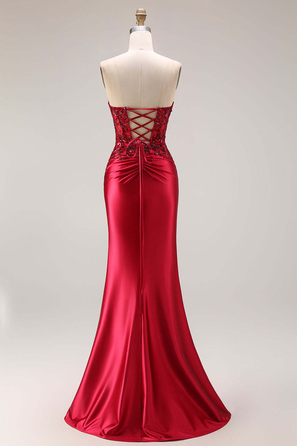 Burgundy Mermaid Strapless Appliqued Long Prom Dress with Slit