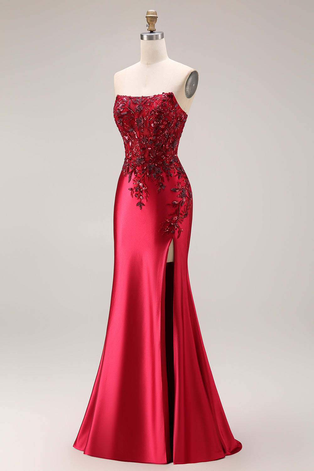Burgundy Mermaid Strapless Appliqued Long Prom Dress with Slit