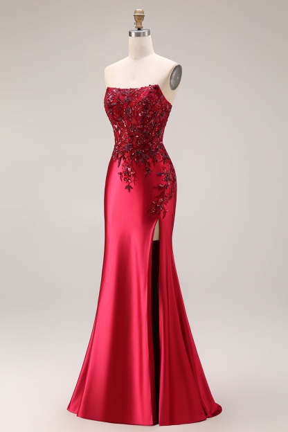 Burgundy Mermaid Strapless Appliqued Long Prom Dress with Slit