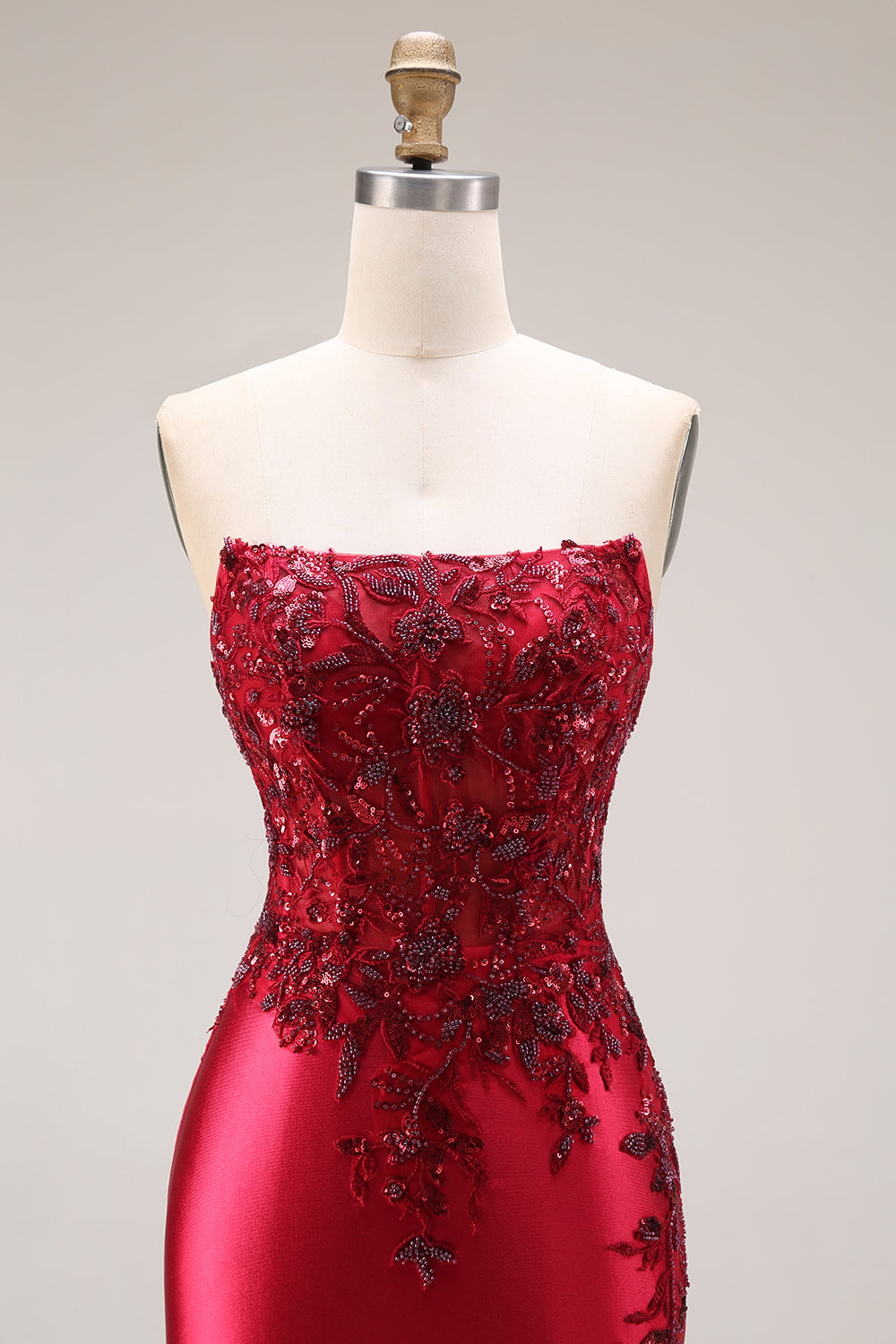 Burgundy Mermaid Strapless Appliqued Long Prom Dress with Slit