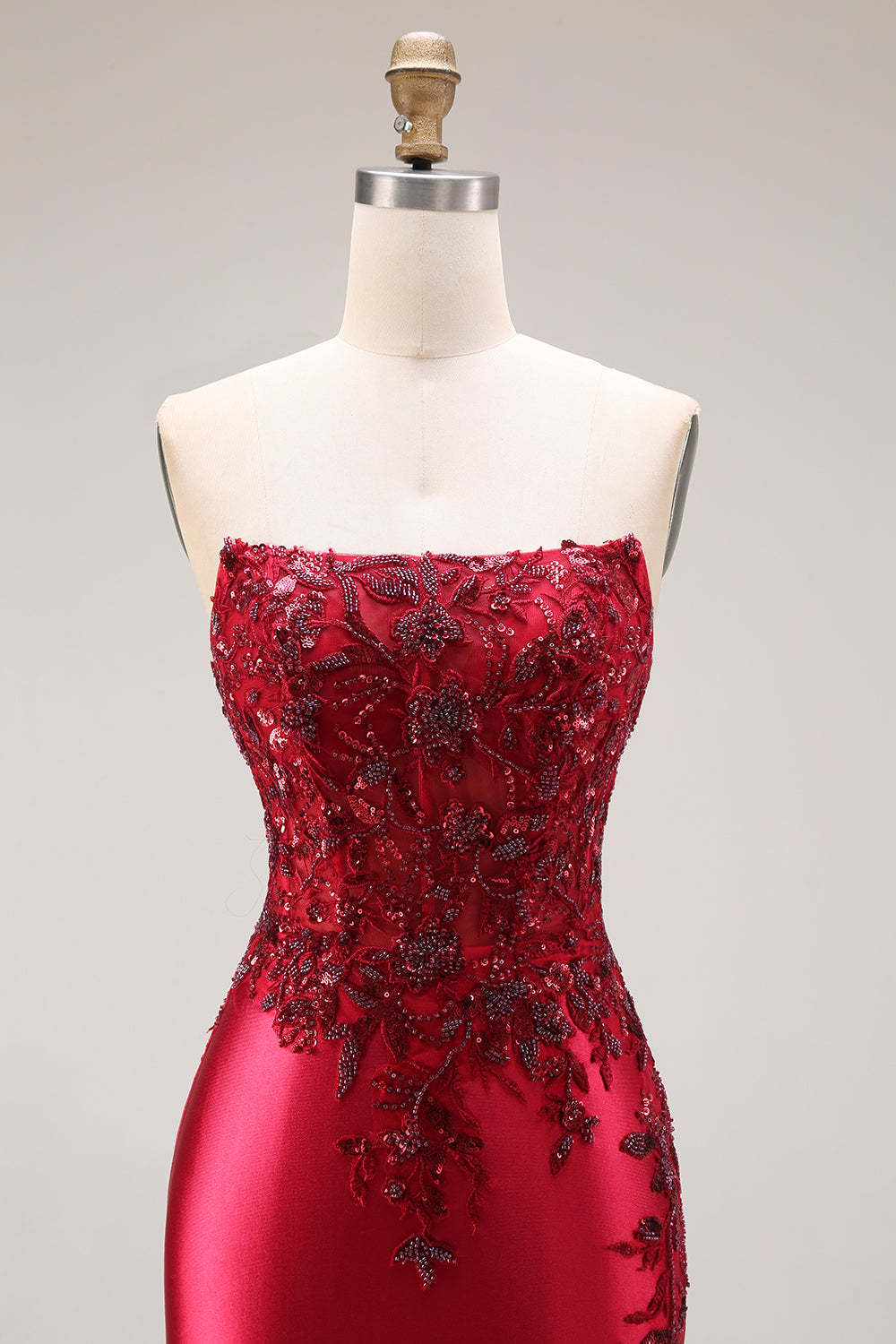 Burgundy Mermaid Strapless Appliqued Long Prom Dress with Slit