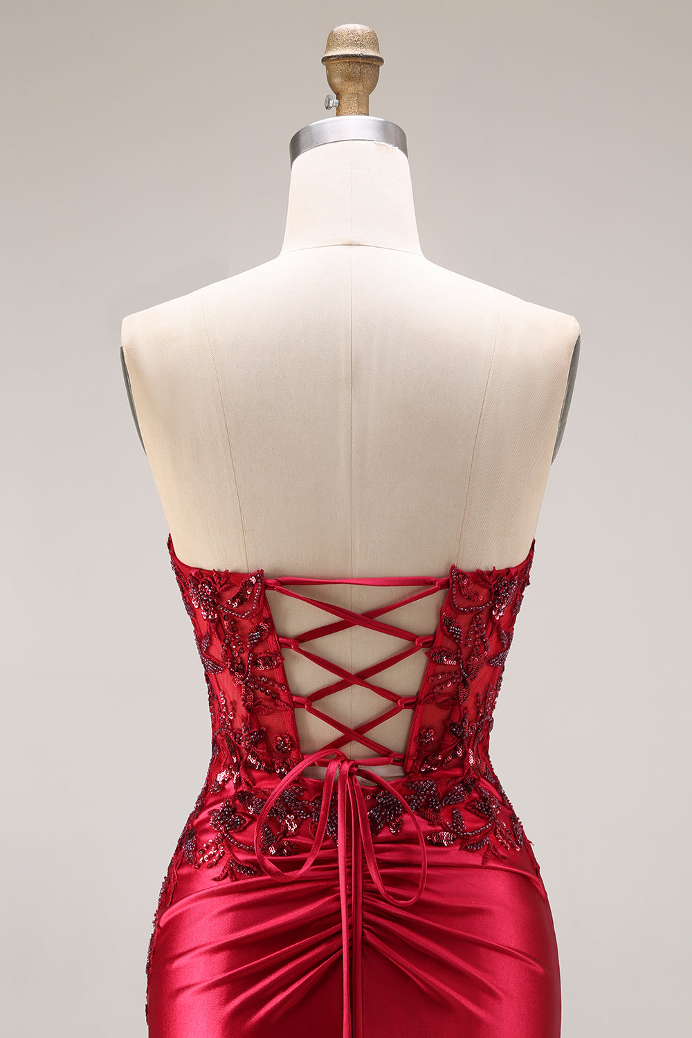 Burgundy Mermaid Strapless Appliqued Long Prom Dress with Slit