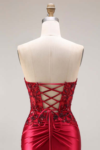 Burgundy Mermaid Strapless Appliqued Long Prom Dress with Slit