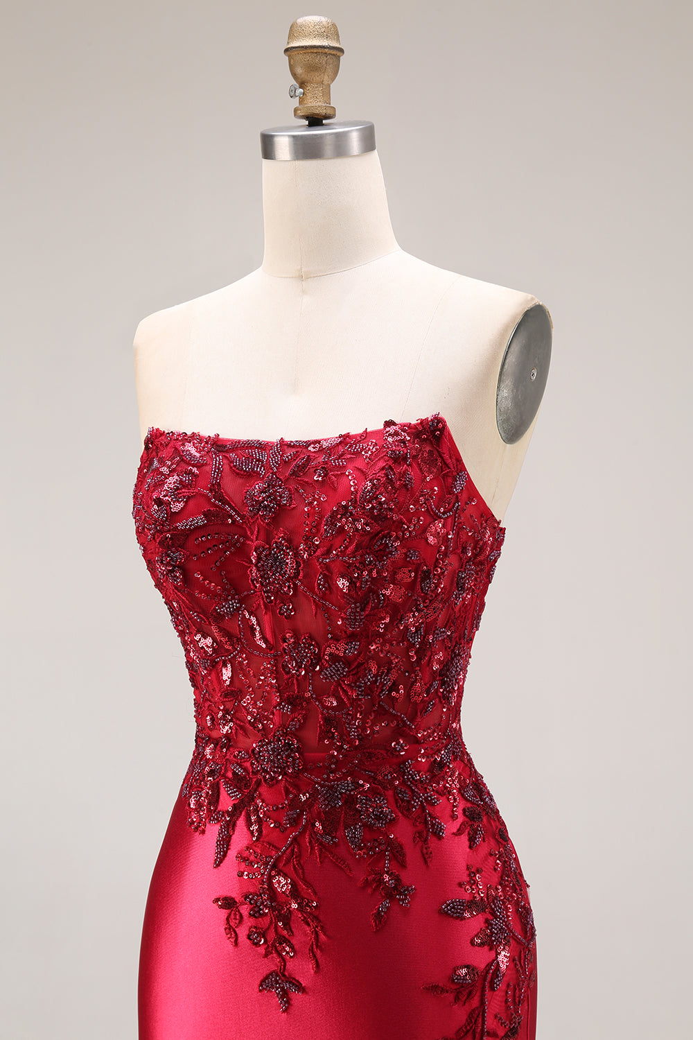 Burgundy Mermaid Strapless Appliqued Long Prom Dress with Slit