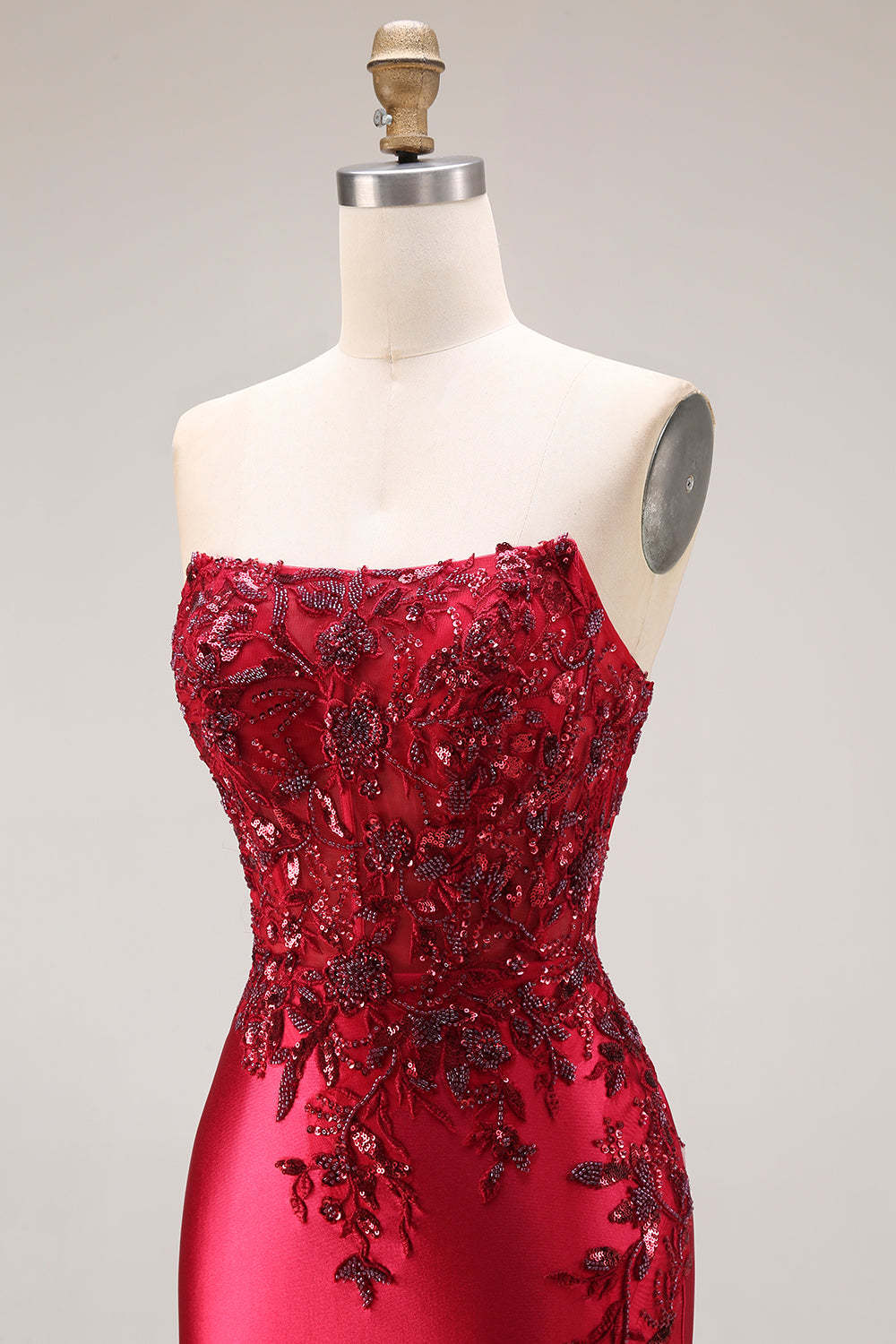 Burgundy Mermaid Strapless Appliqued Long Prom Dress with Slit