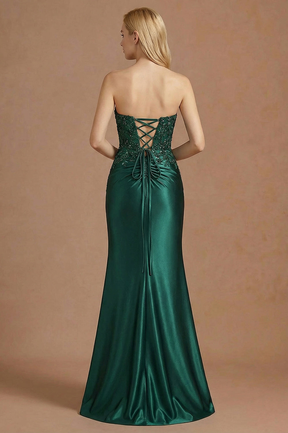 Dark Green Mermaid Appliqued Strapless Long Prom Dress with Slit