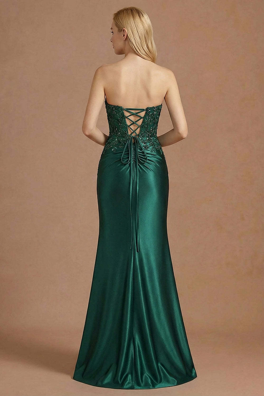 Burgundy Mermaid Strapless Appliqued Long Prom Dress with Slit