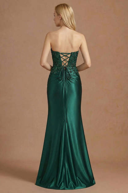 Burgundy Mermaid Strapless Appliqued Long Prom Dress with Slit