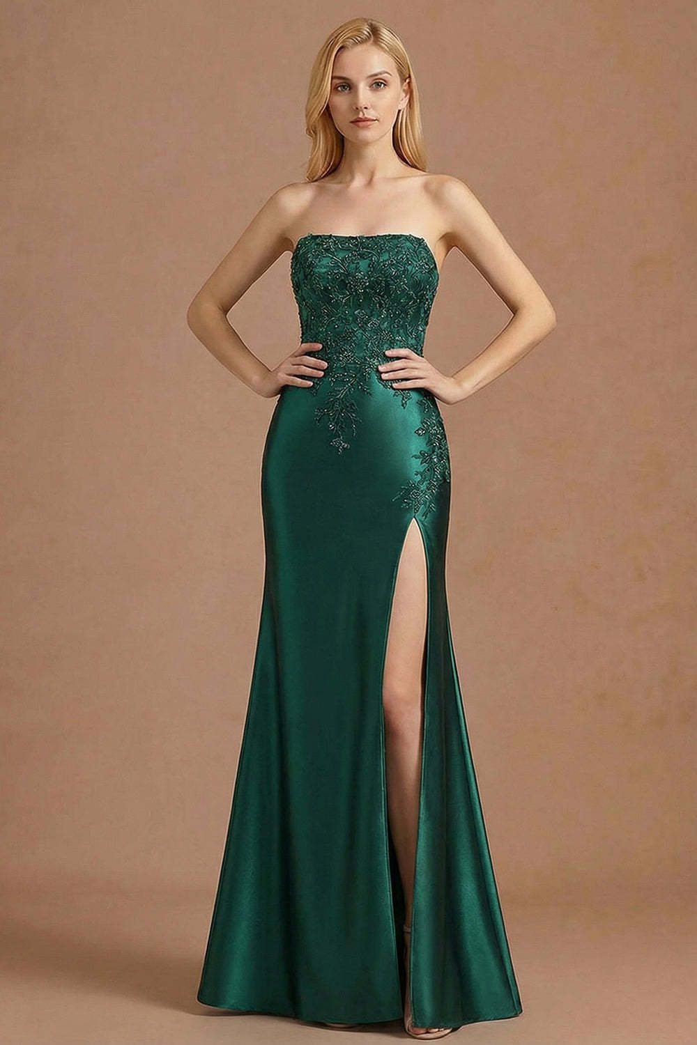 Burgundy Mermaid Strapless Appliqued Long Prom Dress with Slit