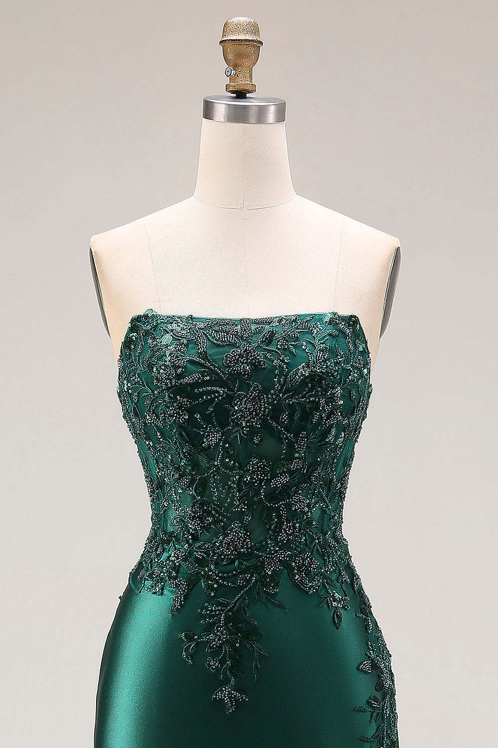 Dark Green Mermaid Appliqued Strapless Long Prom Dress with Slit