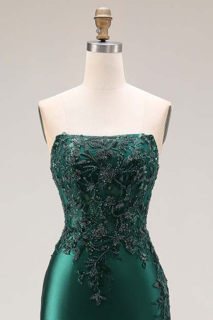 Dark Green Mermaid Appliqued Strapless Long Prom Dress with Slit