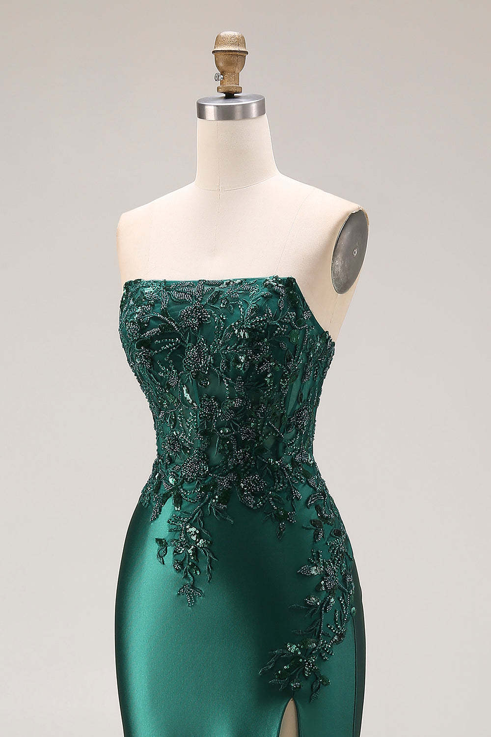 Dark Green Mermaid Appliqued Strapless Long Prom Dress with Slit