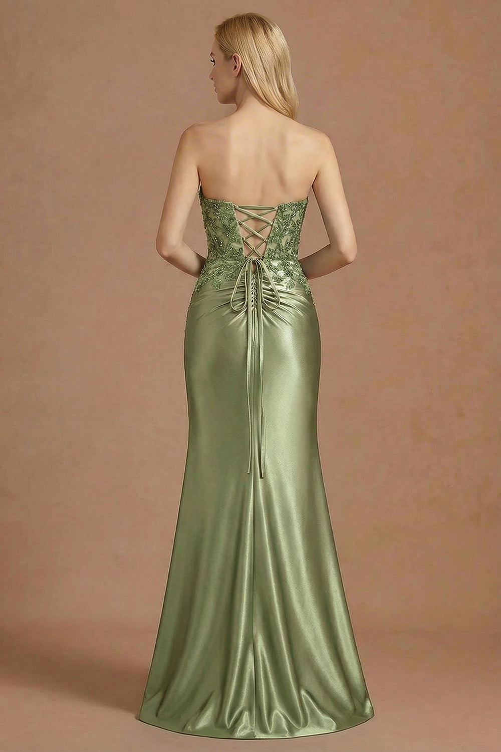 Strapless Appliqued Olive Mermaid Long Prom Dress with Slit