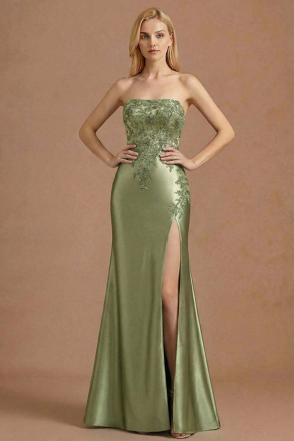 Burgundy Mermaid Strapless Appliqued Long Prom Dress with Slit