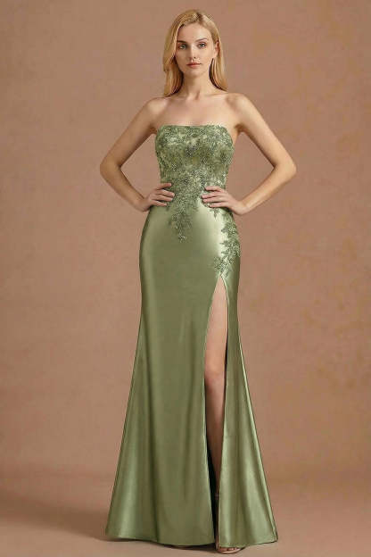 Burgundy Mermaid Strapless Appliqued Long Prom Dress with Slit