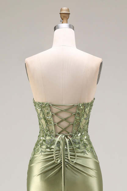 Burgundy Mermaid Strapless Appliqued Long Prom Dress with Slit