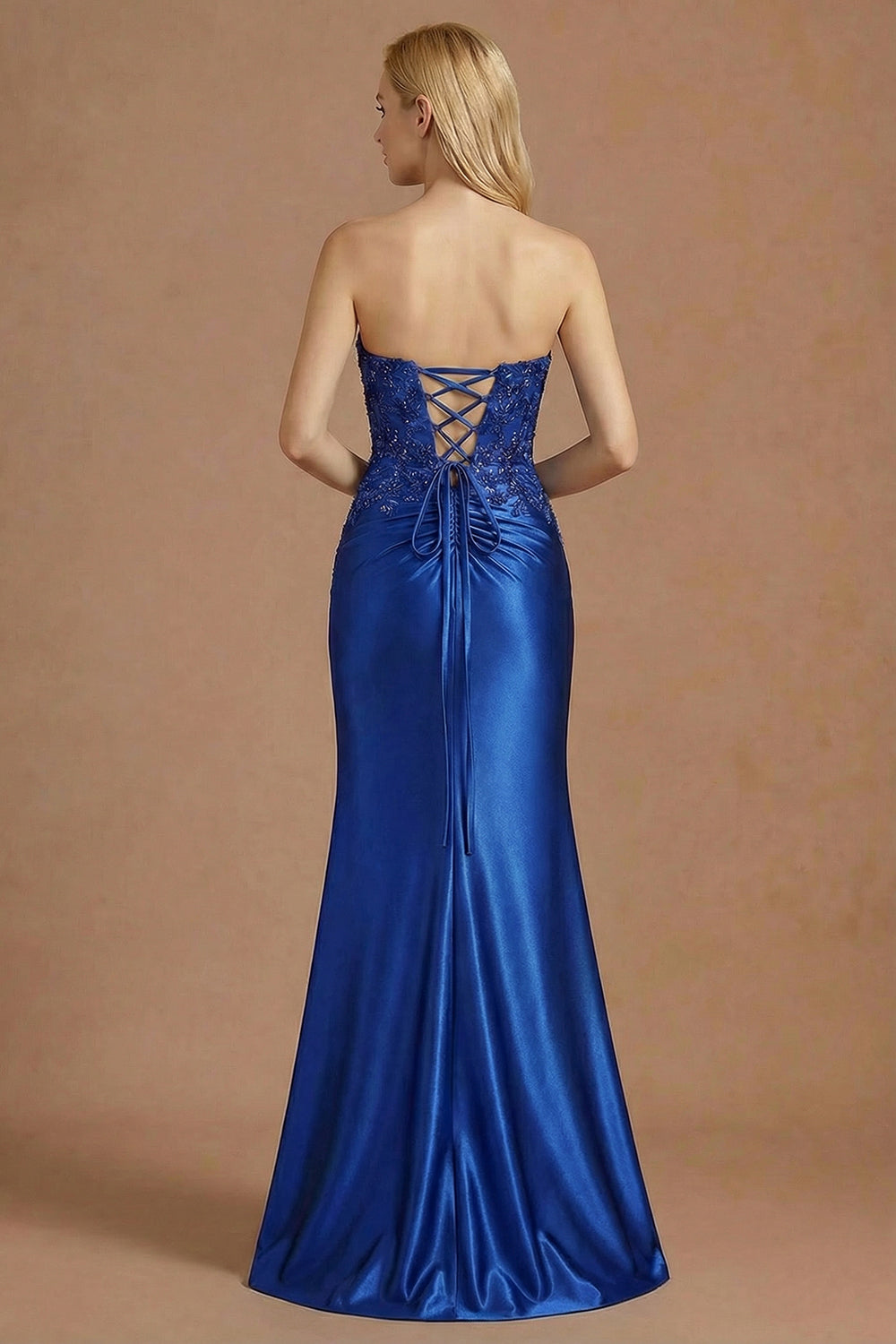 Mermaid Strapless Appliqued Royal Blue Long Prom Dress with Slit