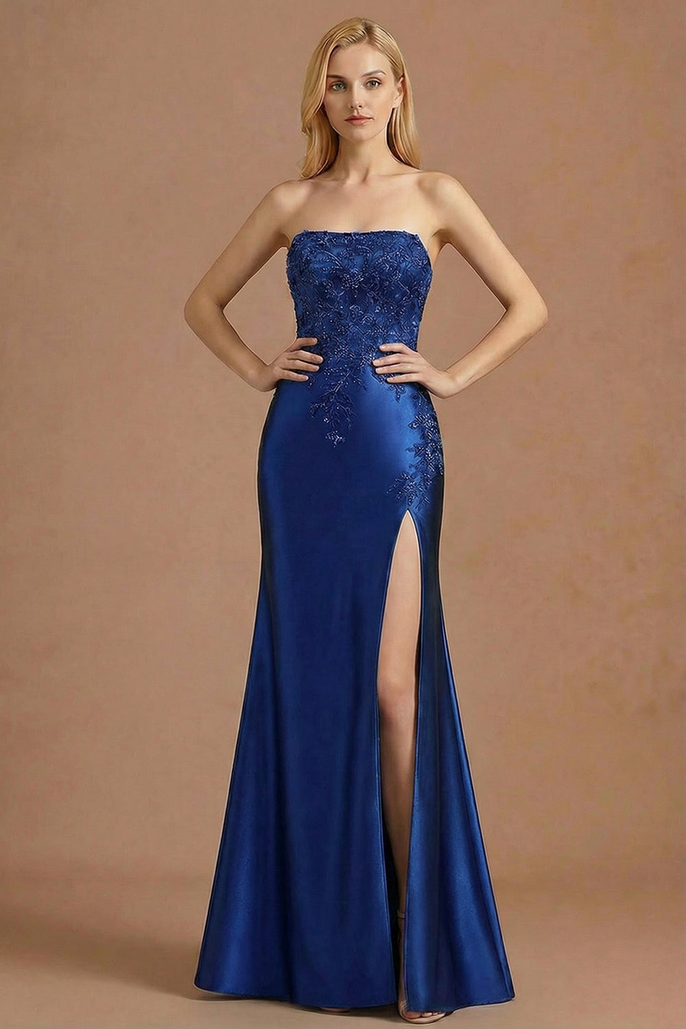 Mermaid Strapless Appliqued Royal Blue Long Prom Dress with Slit