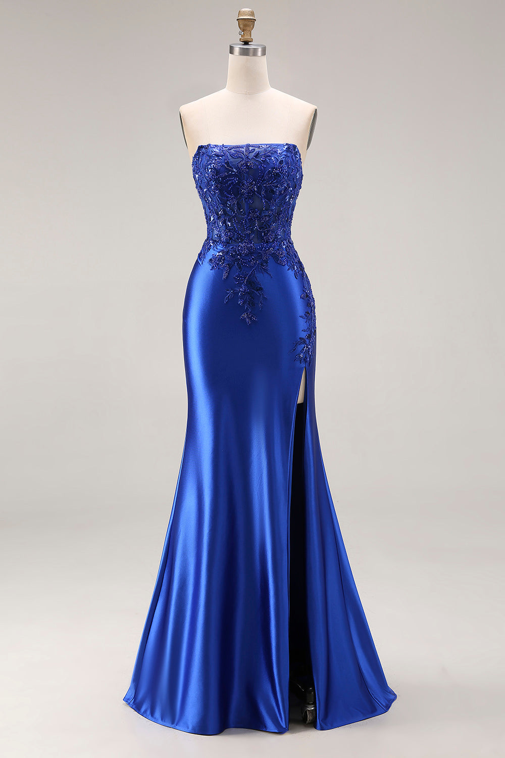 Burgundy Mermaid Strapless Appliqued Long Prom Dress with Slit