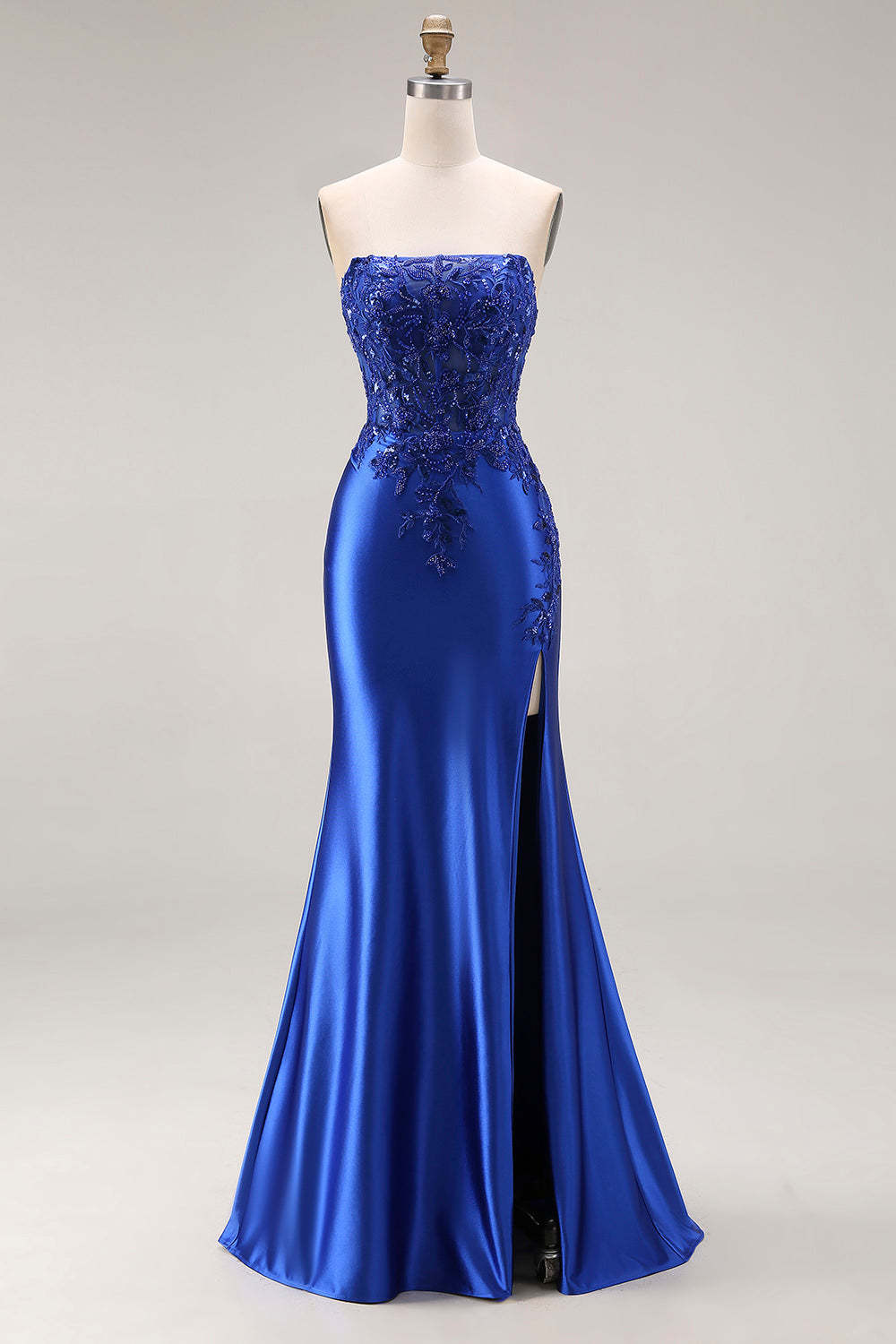 Burgundy Mermaid Strapless Appliqued Long Prom Dress with Slit