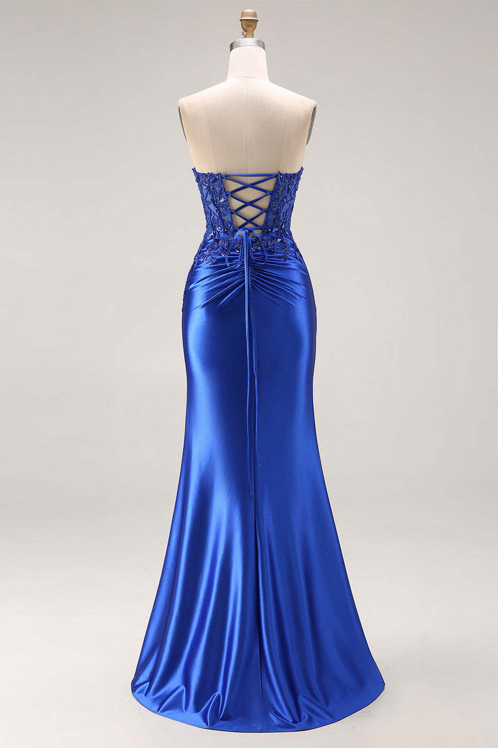 Burgundy Mermaid Strapless Appliqued Long Prom Dress with Slit