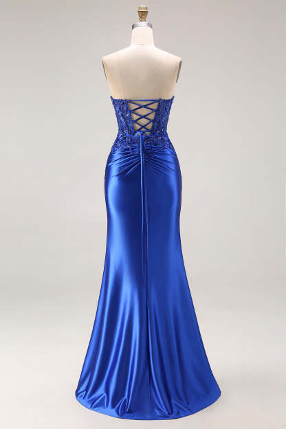 Burgundy Mermaid Strapless Appliqued Long Prom Dress with Slit