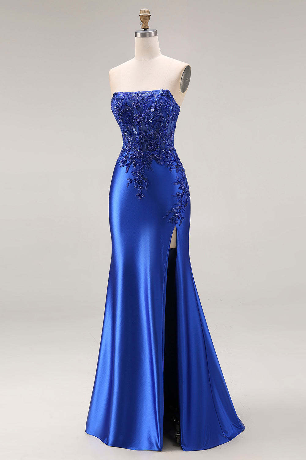 Burgundy Mermaid Strapless Appliqued Long Prom Dress with Slit