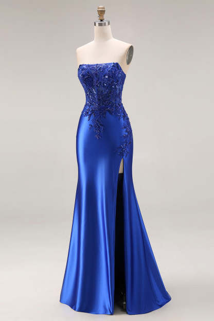 Burgundy Mermaid Strapless Appliqued Long Prom Dress with Slit