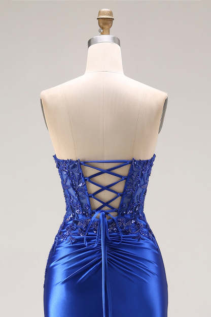 Burgundy Mermaid Strapless Appliqued Long Prom Dress with Slit