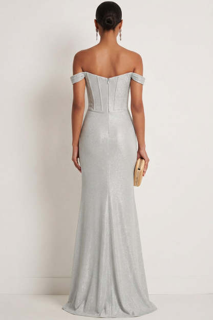 Corset Light Grey Off the Shoulder Mermaid Maxi Gala Dress with Slit