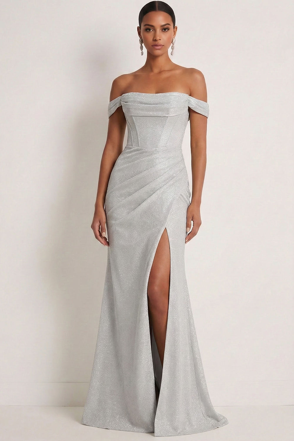 Leely Women Light Grey Corset Mermaid Maxi Gala Dress with Slit Off the Shoulder Ruched Backless Formal Dress with Long Sleeves