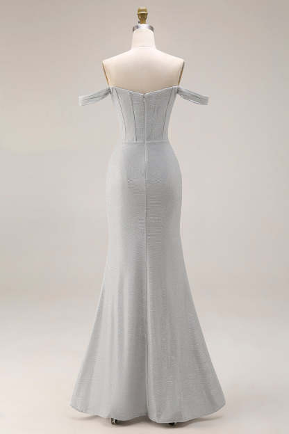 Corset Light Grey Off the Shoulder Mermaid Maxi Gala Dress with Slit