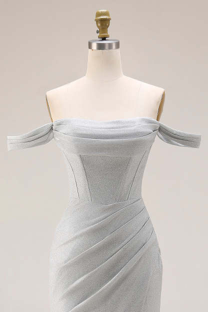 Corset Light Grey Off the Shoulder Mermaid Maxi Gala Dress with Slit