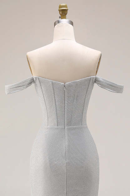 Corset Light Grey Off the Shoulder Mermaid Maxi Gala Dress with Slit