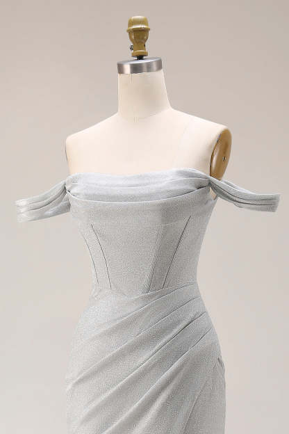 Corset Light Grey Off the Shoulder Mermaid Maxi Gala Dress with Slit