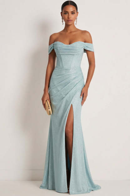 Leely Women Dusty Green Corset Ruched Mermaid Maxi Gala Dress with Slit Off the Shoulder Sleeveless Formal Dress