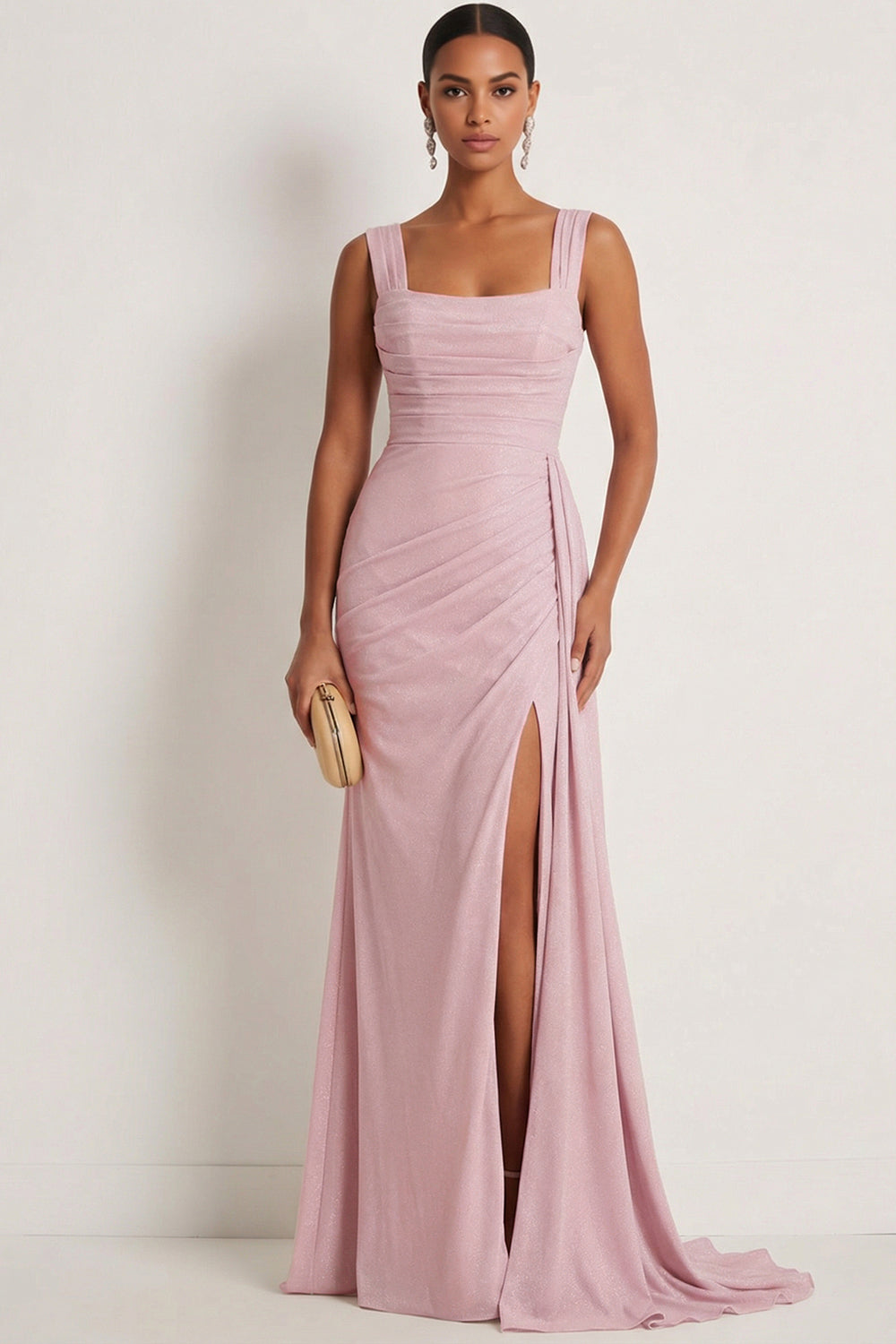 Thick Straps Dark Pink Ruched Mermaid Maxi Formal Dress with Slit