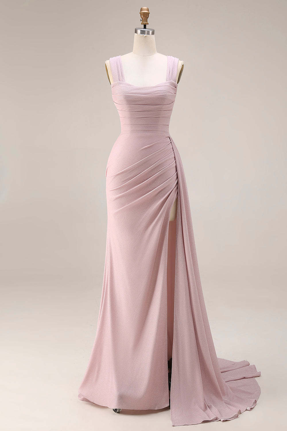 Thick Straps Dark Pink Ruched Mermaid Maxi Formal Dress with Slit