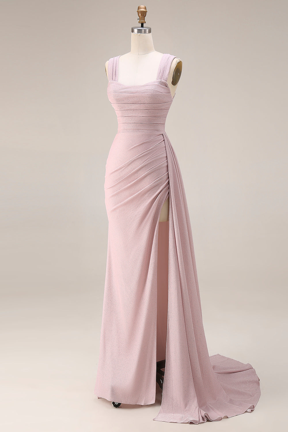 Thick Straps Dark Pink Ruched Mermaid Maxi Formal Dress with Slit